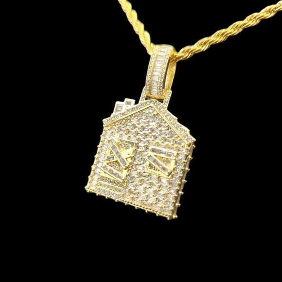 14K Yellow Gold Finish Baguette CZ Trap House - Free 24" x 3mm Rope Chain. - Picture 6 of 9